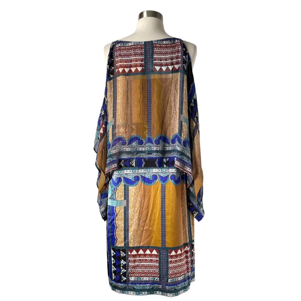 Etro Patchwork Cold Shoulder Dress Silk Paisley Cape Sleeve Blue Black 44 M US 8 - Picture 3 of 10